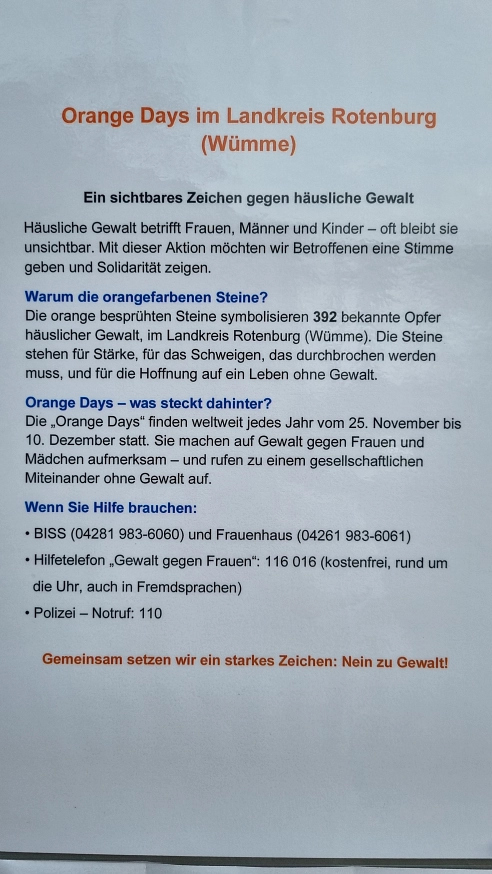 Erklärung orange besprühte Steine vor dem Rathaus Orange Days 2025