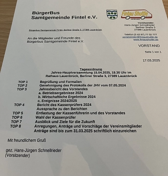 Tagesordnung der Jahreshauptversammlung des BürgerBus Vereines der Samtgemeinde Fintel