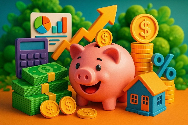 Sparschwein , Geld und Taschenrechner