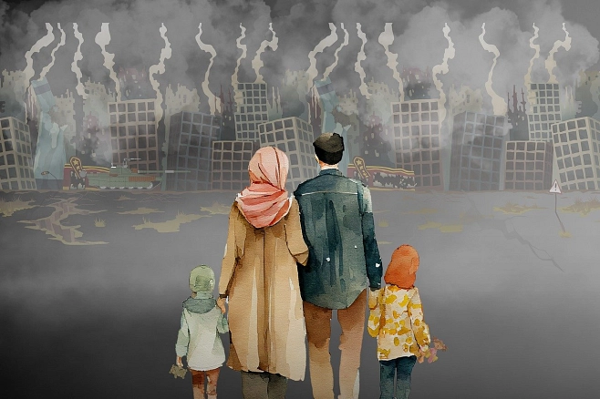 Eine Familie steht vor brennenden Häusern, Symbolbild für Flüchtlinge und Asylbewerber