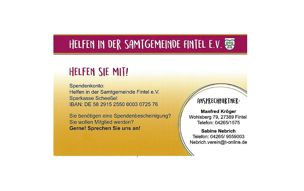Visitenkarte vom Verein Helfen in der Samtgemeinde Fintel e.V. Vorderseite Visitenkarte vom Verein Helfen in der Samtgemeinde Fintel e.V. Vorderseite © Samtgemeinde Fintel